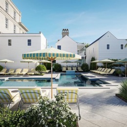 a courtyard with a swimming pool